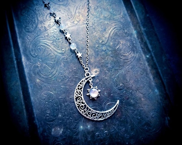 Asymmetrical Genuine Rainbow Moonstone Crescent Moon Necklace, filigree moon Necklace alx