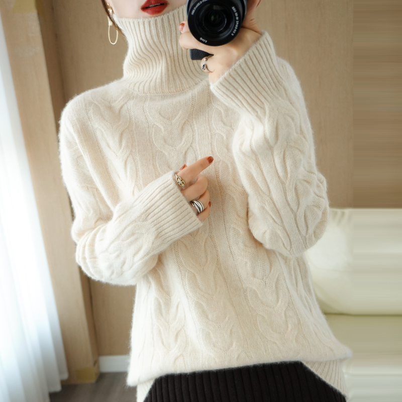 100% Pure Wool Cashmere Sweater Autumn/Winter 2021 New Woman High Neck Pullover Twist Slim Knit Tops Large Size Female Jacket alx