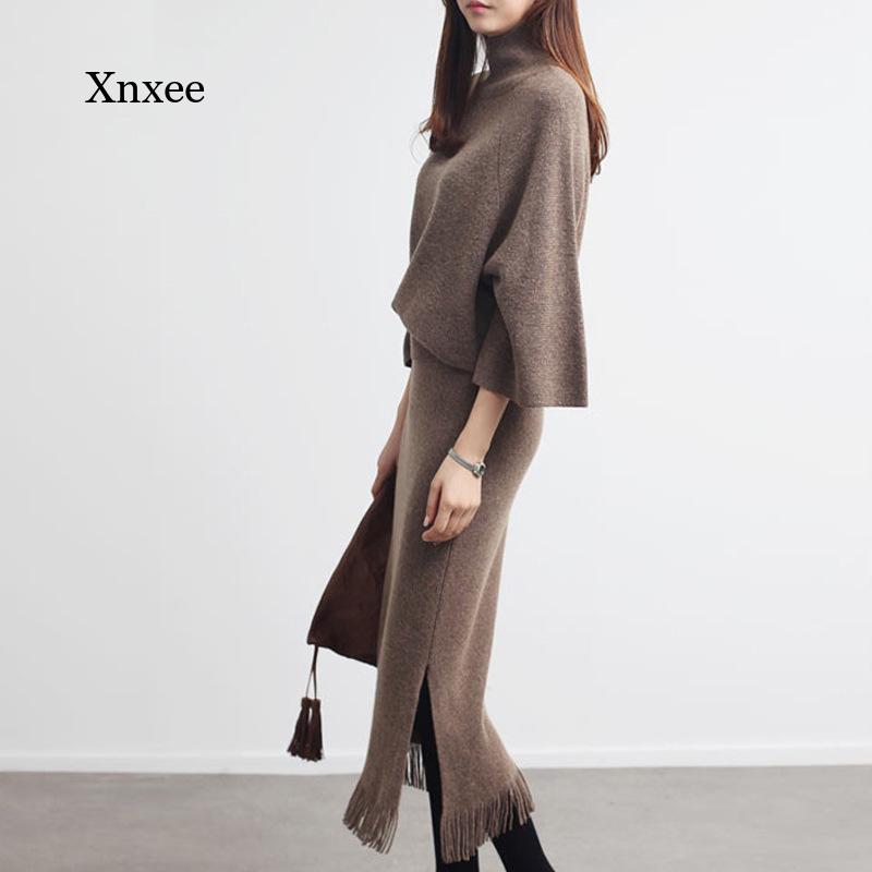 2022 Autumn and Winter Women’s Fashion and Elegant Half Turtleneck All-Match Sweater + Tassel Mid-Length Hip Skirt Two-Piece Set alx