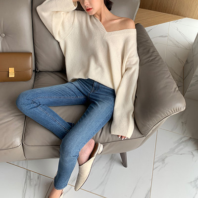 Autumn Spring Ladies Mid-length Knitted Sweater Sexy V-neck Simple Top Korean Lrregular Hem Casual Wool Sweater Loose Large Size alx