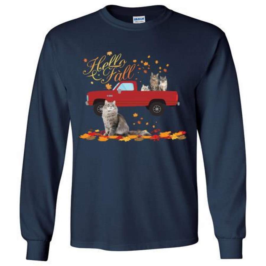 Hello Fall Cats On Red Truck Christmas Long Shirt