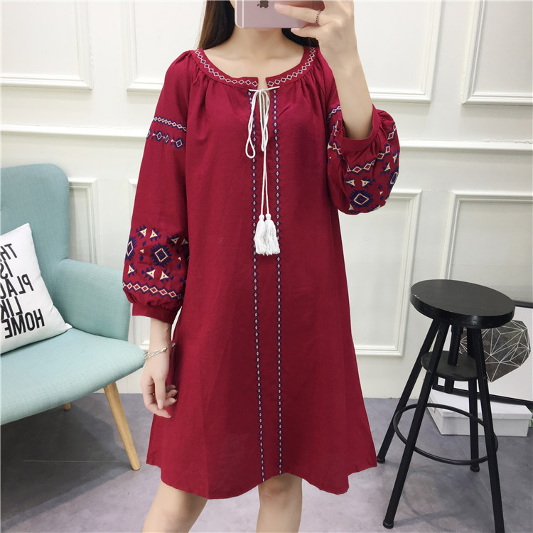 2021 Women Vintage Long Sleeve Flower Floral Embroidery Dress Elegant Vestidos Casual Loose Round Collar Boho A-Line Dresses alx