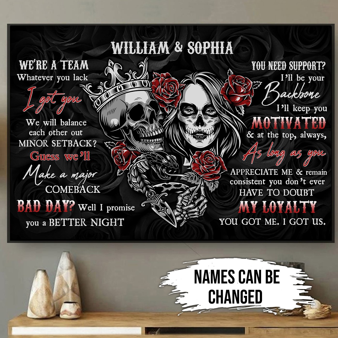 Skull Lovers We We’Re A Team Couple Personalized Horizontal Poster, Halloween Decorations Indoor, Gift For Couple