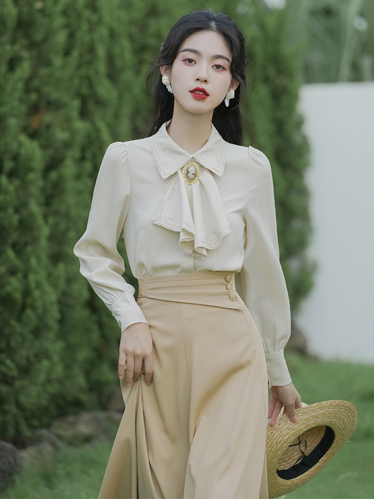 Two Piece Sets Womens Vintage Office Lady Outfits 2022 Autumn Long Sleeve Apricot Shirt + Midi Skirt Suits Formal Clothing alx