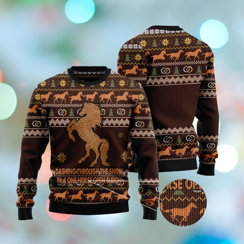 Unifinz Horse Christmas Ugly Sweater Horse Dashing Through The Snow In A One Horse Open Sleigh Brown Sweater 2022