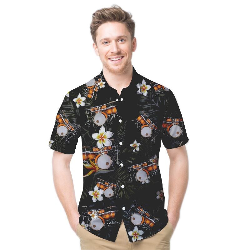 Drums Tropical Flowers Men Hawaii Summer Beach Shirts For Instrument Lovers Ha39071