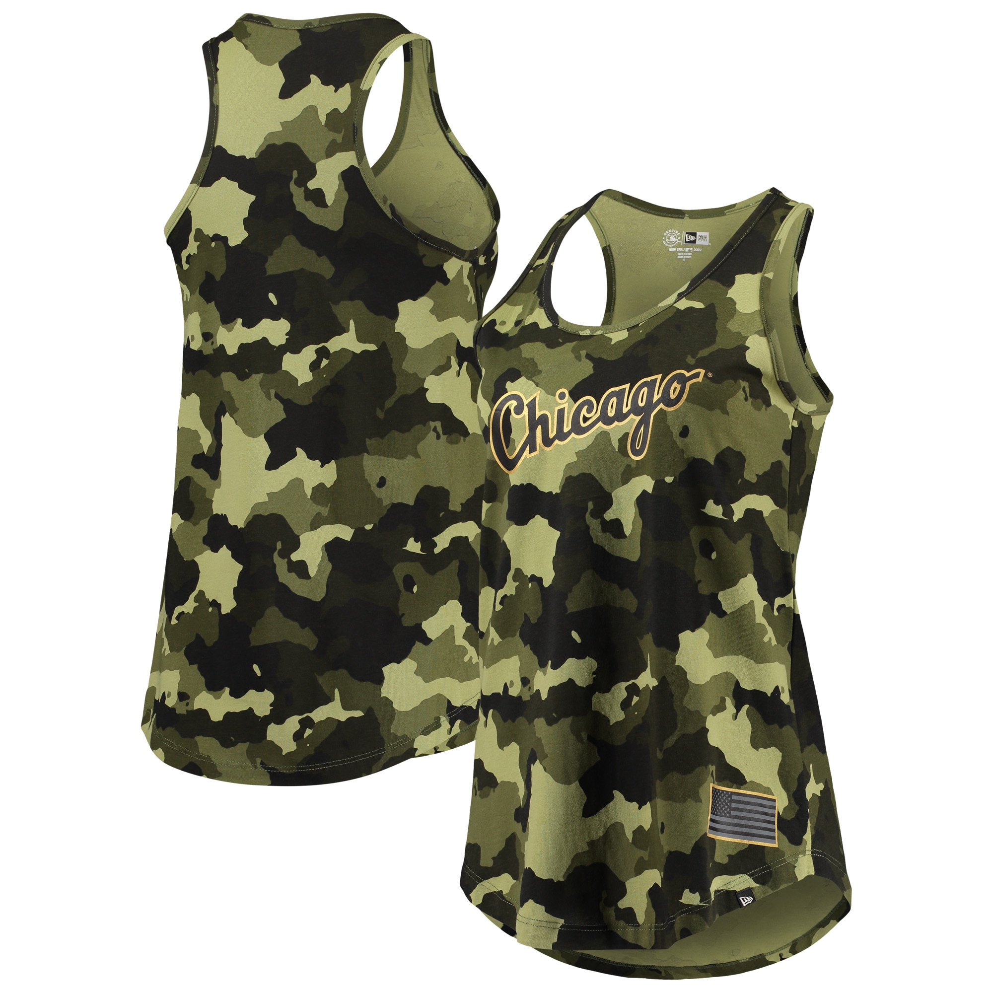 Chicago White Sox New Era Womens 2022 MLB Armed Forces Day Camo Racerback Tank Top – Green