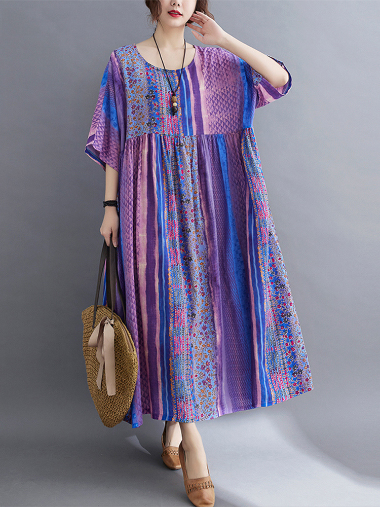 Short Sleeve Cotton Linen Vintage Purple Floral Dresses For Women Casual Loose Long Summer Dress Elegant Fashion Clothing 2022 alx