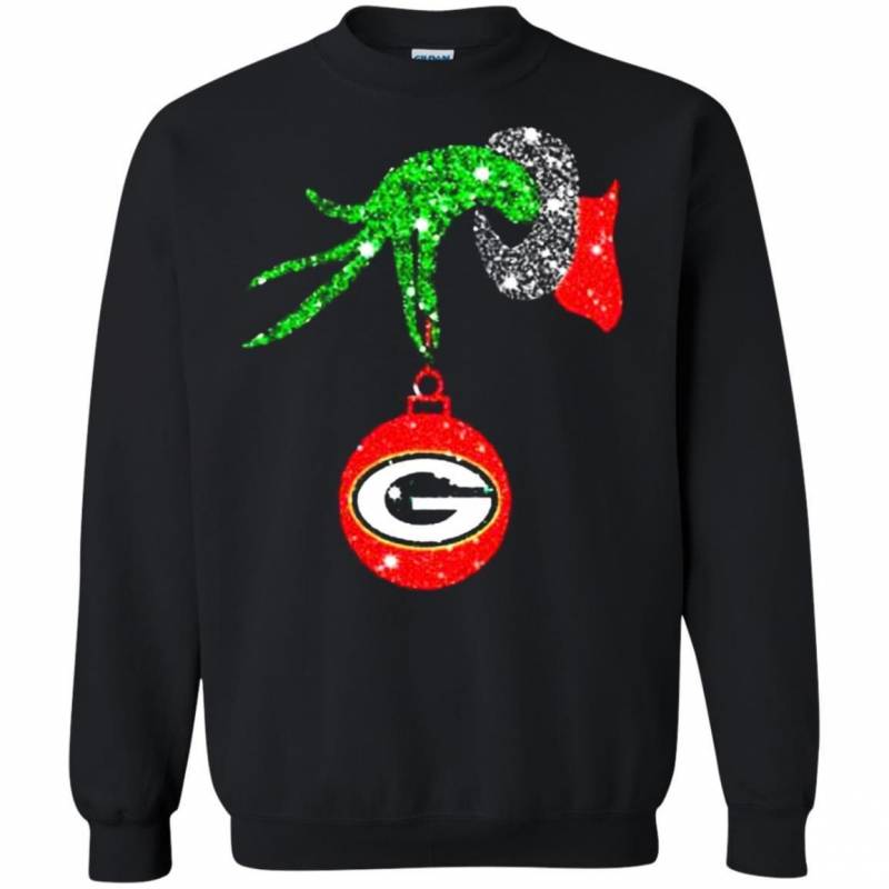 Grinch Hand Ornament Green Bay Packers Glitter Christmas Sweatshirt