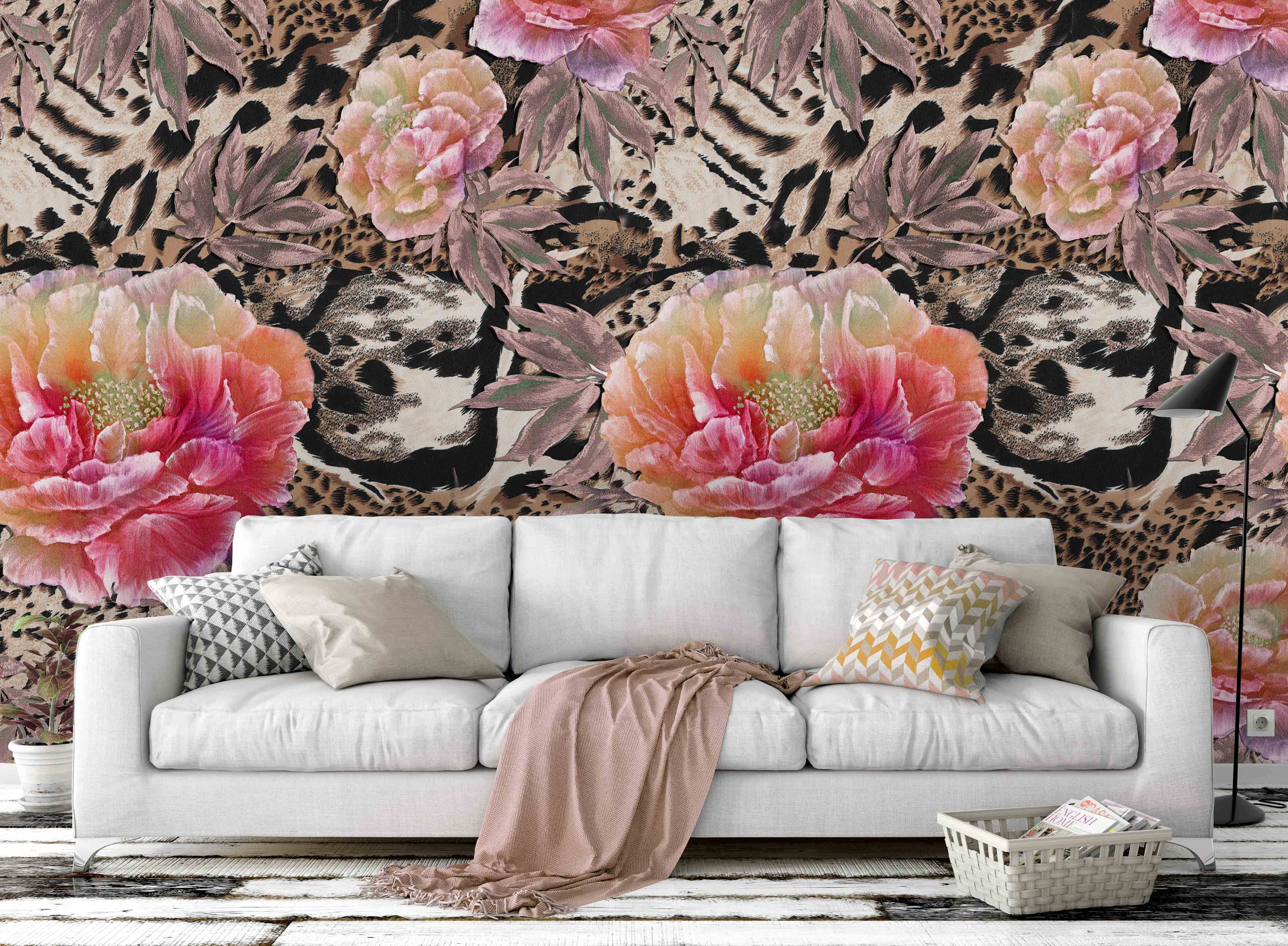 3D Hand Drawn Retro Pink Flowers Leopard Print Background Pattern Oil Painting Wall Mural Wallpaper Gd 1834