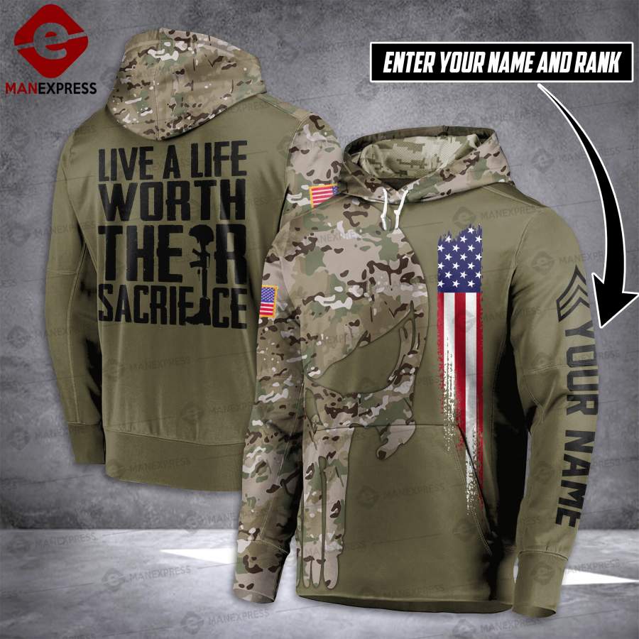 Personalized US Army 3D printed hoodie XNR Warrior PDL