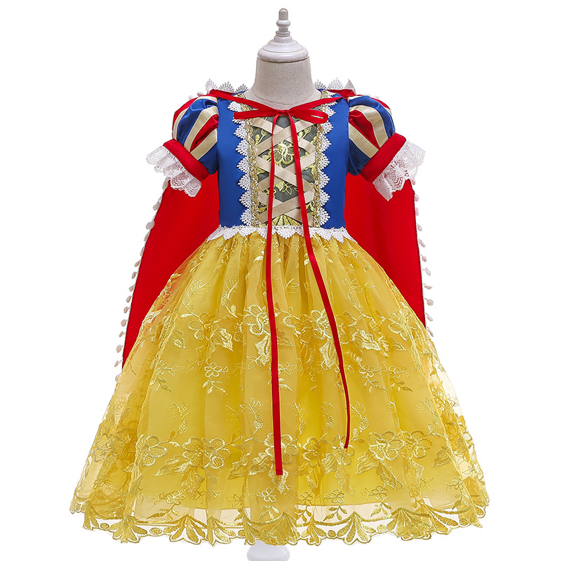 Snow White Cake Dress Girls Puffy Dress With Cloak Girls Snow White Lace Embroidery Mesh Dress Xmas Halloween Cospaly Costume alx