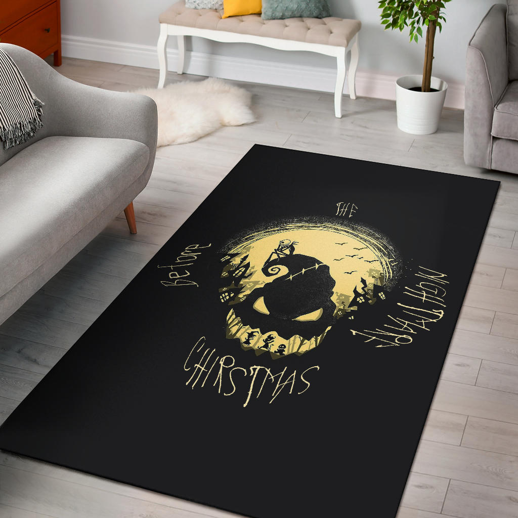 Halloween Area Rug | Jack Skellington On Hill Oogie Boogie Hat Silhouette Rugs Home Decor