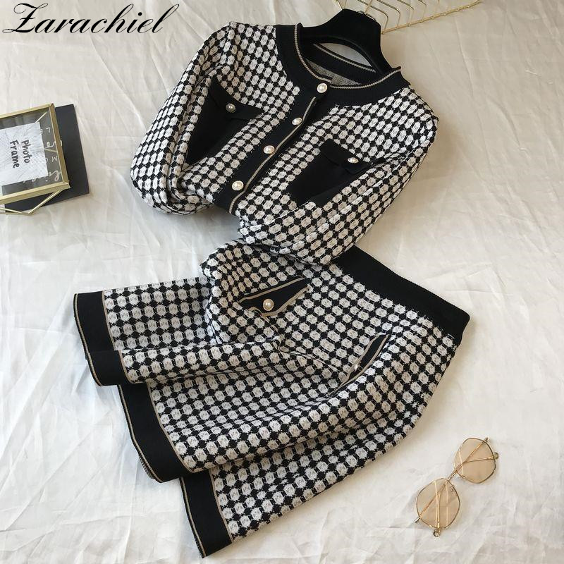 Vintage Knitted Plaid 2 Piece Set 2021 Autumn Ladies Pearls Single-Breasted Cardigan Sweater + High Waist A Line Skirt Suits alx