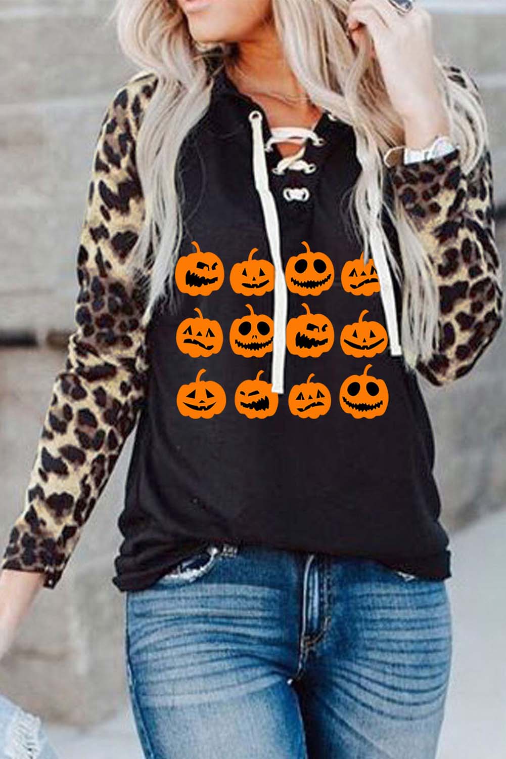 Women’S Sweatshirts Leopard Pumpkin Print Lace-Up Sweatshirt