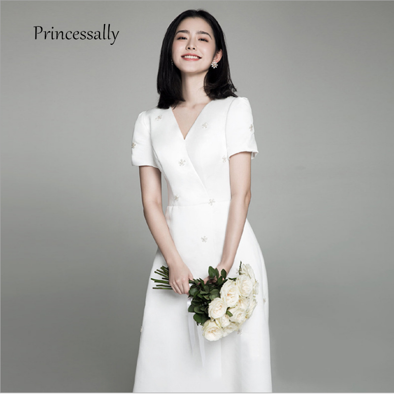 New Satin White Wedding Dress Simple With Sleeves A line Embroidery Flowers Korean Bridal Gown Vestido Novia Boho alx