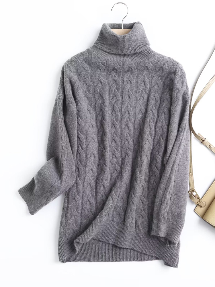 YENKYE 2022 High Quality Women Gray Woolen Turtleneck Knit Sweater Jumper Female Elegant Pullovers Twist Chic Tops alx