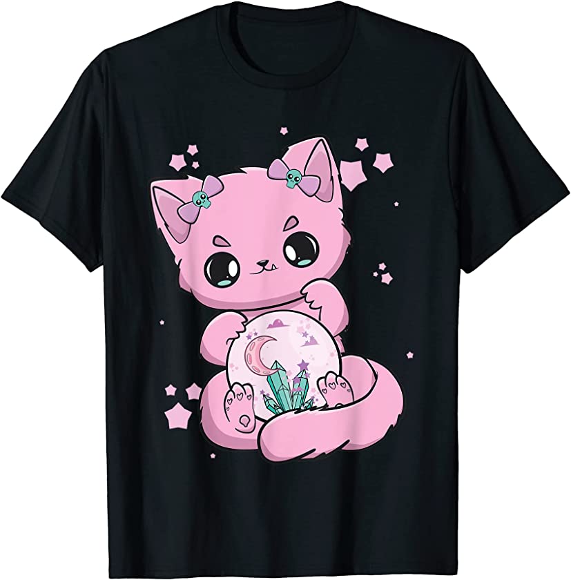 Black Cat Kitten Cute Creepy Anime Neko Pastel Goth Meow T-Shirt