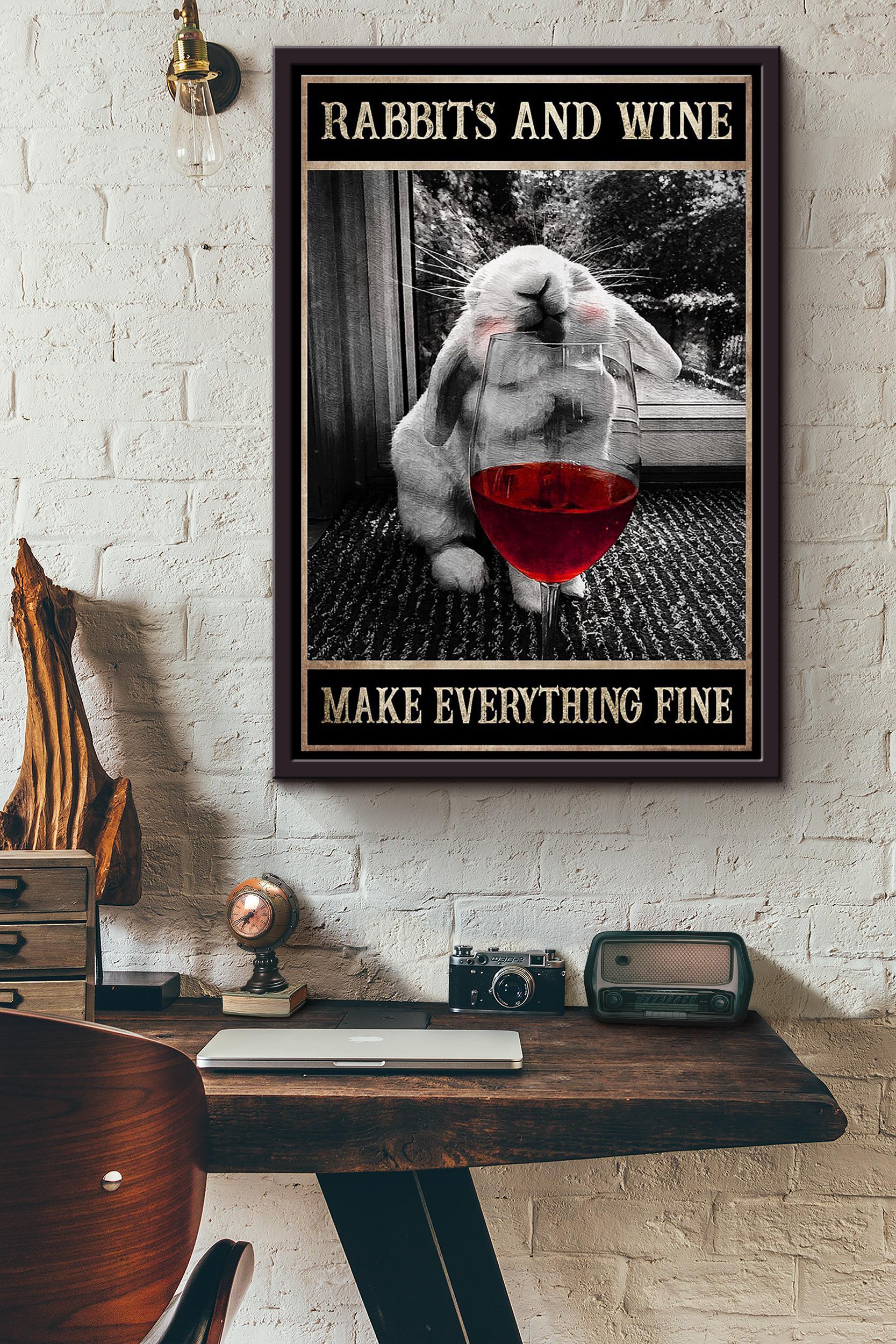 Rabbit And Red Wine Make Everything Fine Poster Framed Matte Canvas