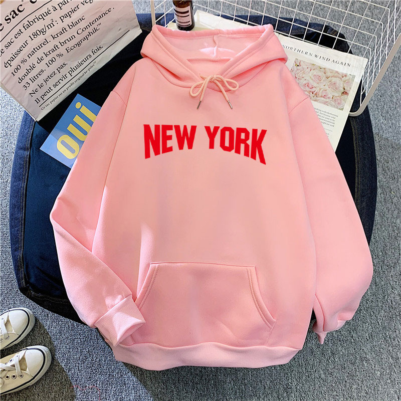 Streetwear Hoodies New York Letter Print Autumn Winter Women Fleece Sweatshirts Long Sleeve Loose Hooded Sweater sudadera mujer alx