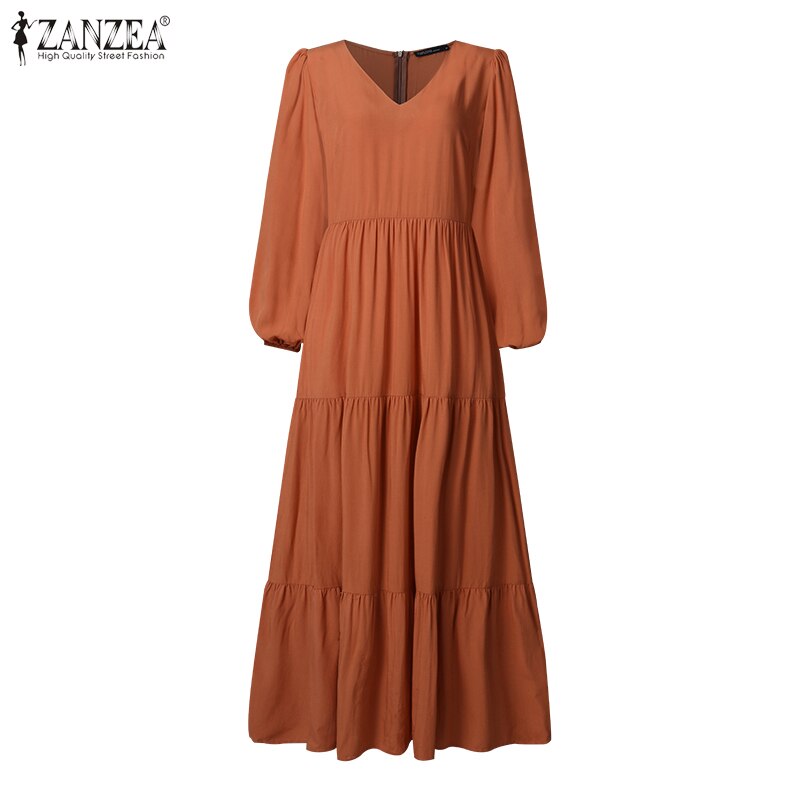 ZANZEA 2022 Elegant Ruffle Maxi Dress Puff Sleeve Tunic Vestidos Female Solid Casual Robe Women’s Autumn Dresses alx