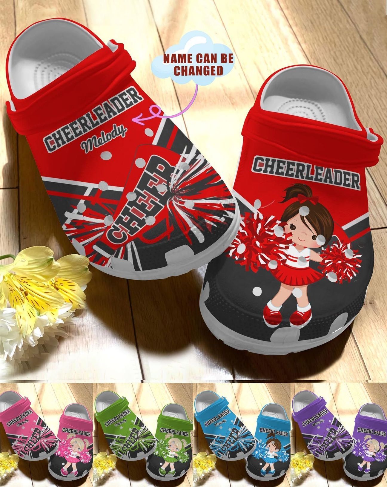 Cheerleader Personalize Clog, Custom Name, Text, Fashion Style For Women, Men, Kid, Print 3D Whitesole Personalized Colorful Cheerleading Uniform