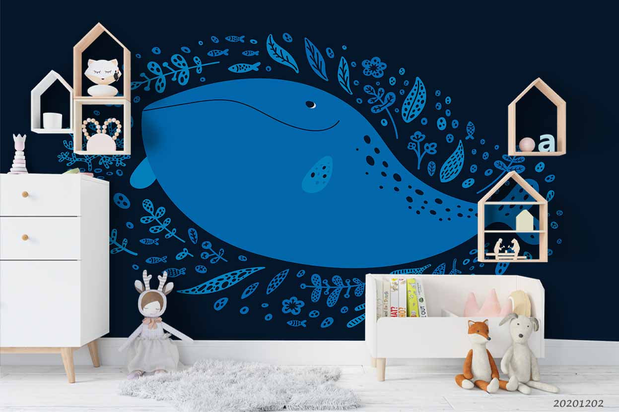 3D Cartoon Hand Drawn Ocean Blue Whale Fish Floral Plant Wall Mural Wallpaper Lxl