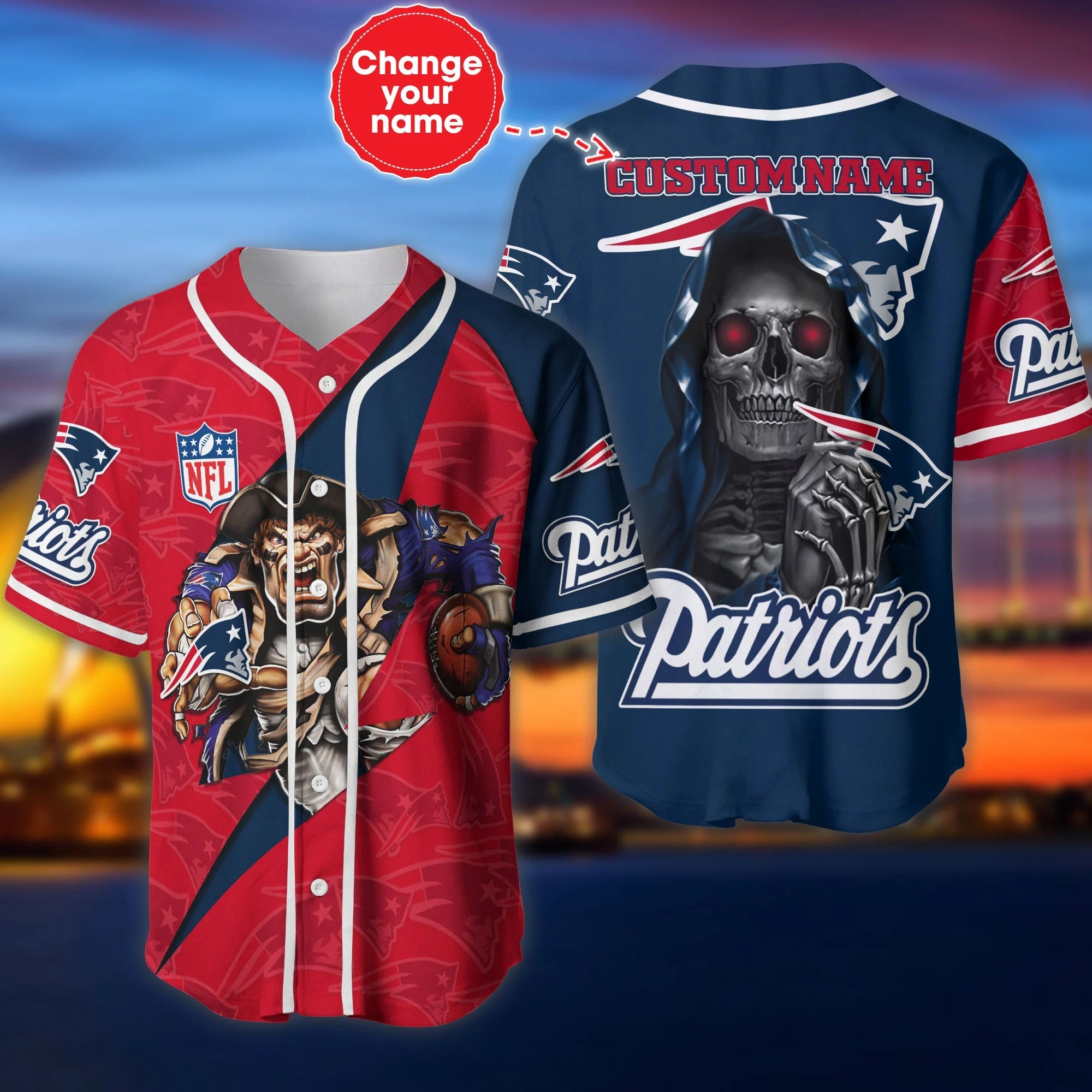 New England Patriots Baseball Jersey Skull Custom Name