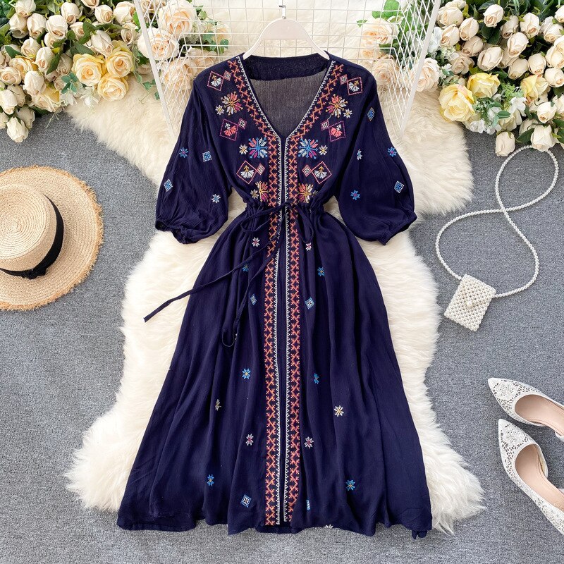 Women’s Summer Bohemian Retro Folk Style Embroidery V Neck Tie Waist Thin Puff Sleeve Holiday Dress alx