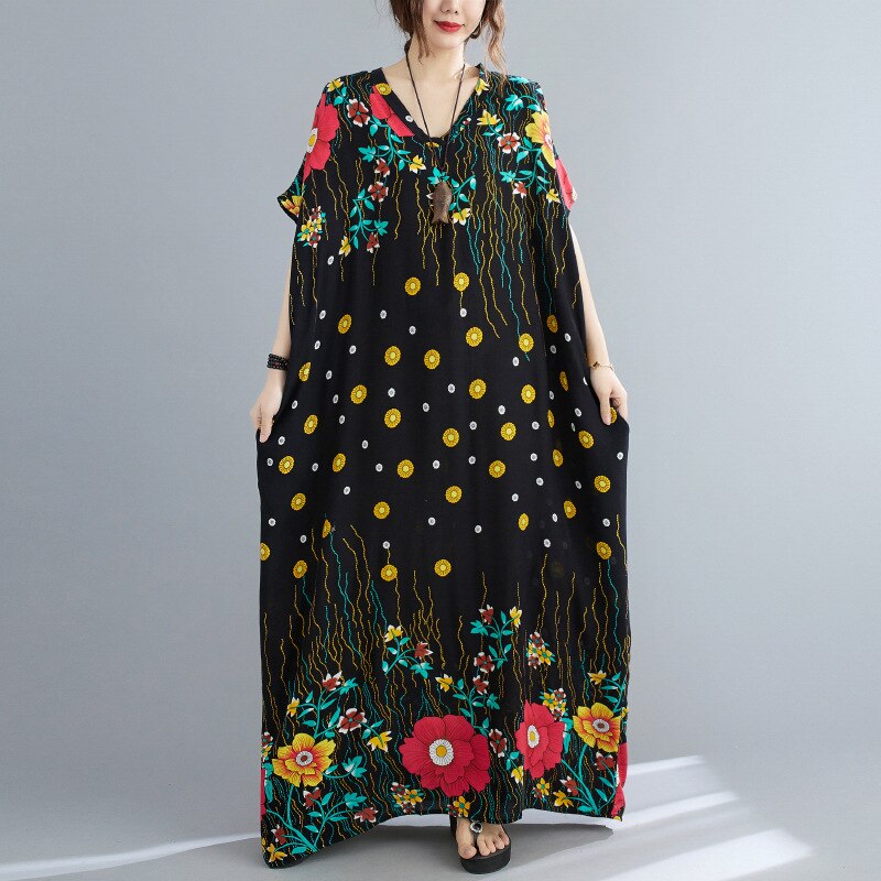 Summer V Neck Women Vintage Flower Floral Casual Loose Maxi Dress Elegant Beach Dress Vestidos Female Bohemian Dresses K1399 alx