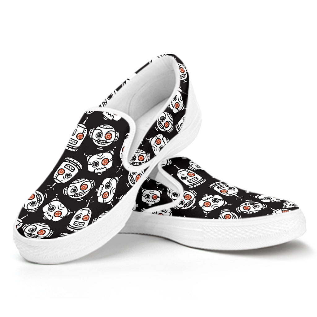 Angry Robot Pattern Print White Slip On Shoes