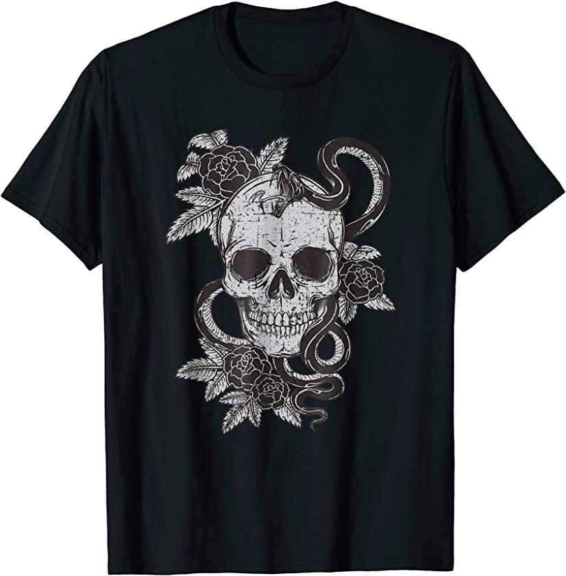 Vintage Skull Snake Rose Art Shirt Old School Tattoo Tee