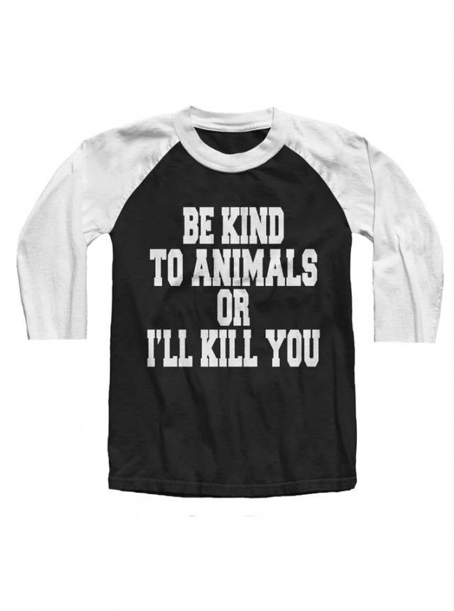 Unisex Be Kind To Animals Baseball Raglan By The T-Shirt Whore (White/Black)