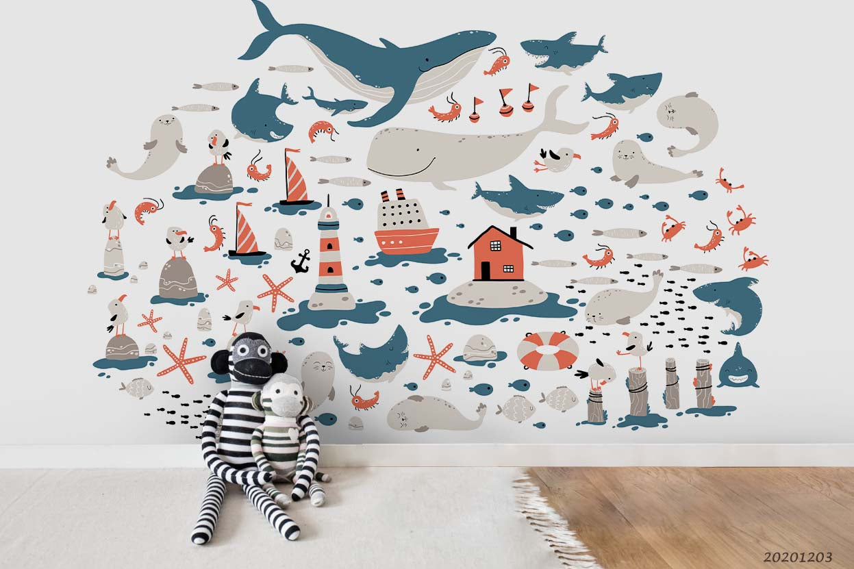 3D Cartoon Ocean Whale Cruise Ship Sailboat Pattern Wall Mural Wallpaper Lxl