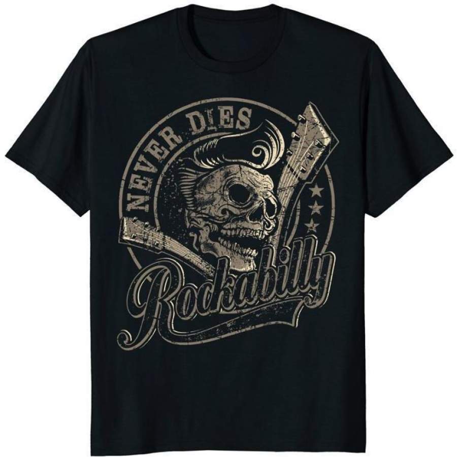 Rockabilly's Skull Guitar Print T-shirt - TattoosCafe