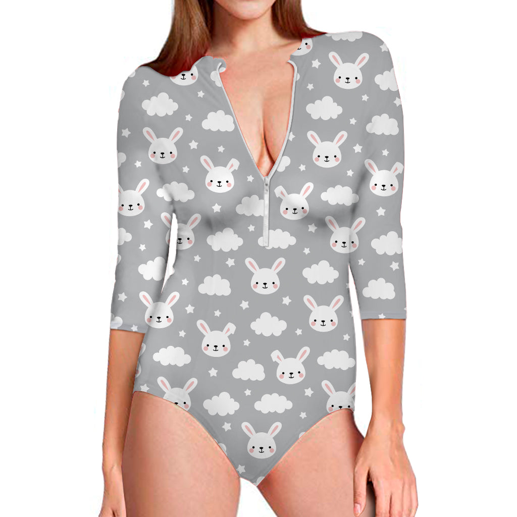 Rabbit And Cloud Pattern Print Long Sleeve One Piece Swimsuit