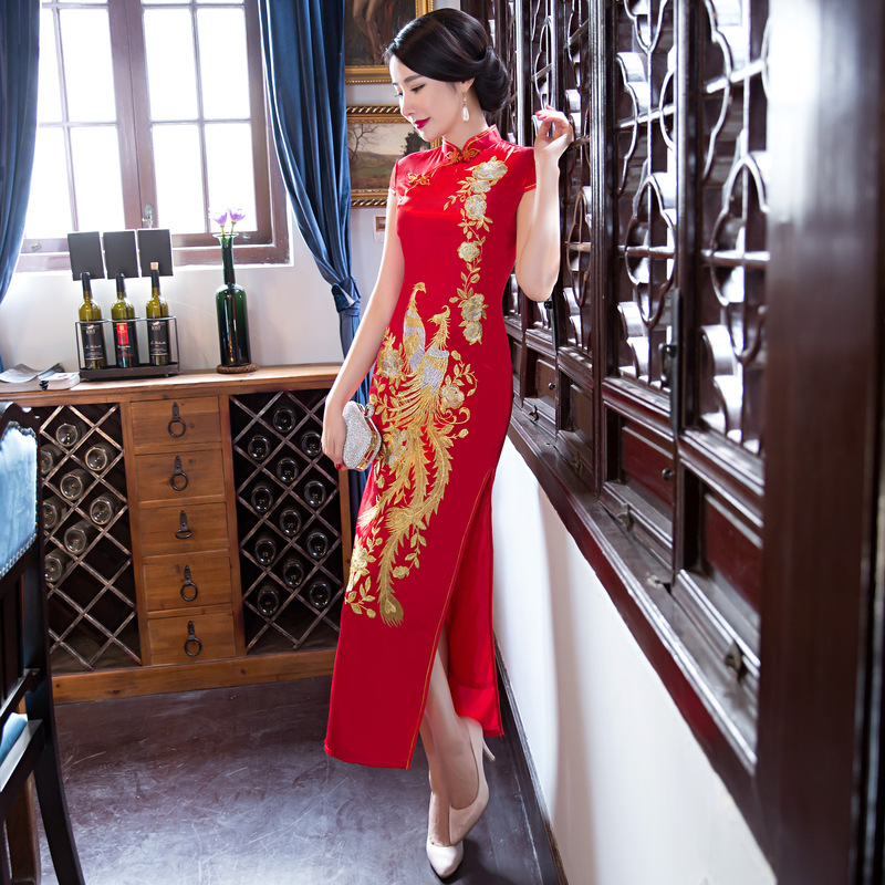 Spring And Autumn Vintage Cheongsam Long Damask Bridal Dress Large Phoenix Embroidered Traditional Chinese Women Long Dresses alx