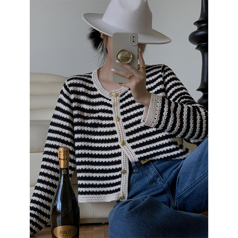 Solaina Knit Cardigan Hollow Out Stripe Loose Sweater Women Metal Button 2022 Autumn Cardigan Crop Top Women Cardigan alx