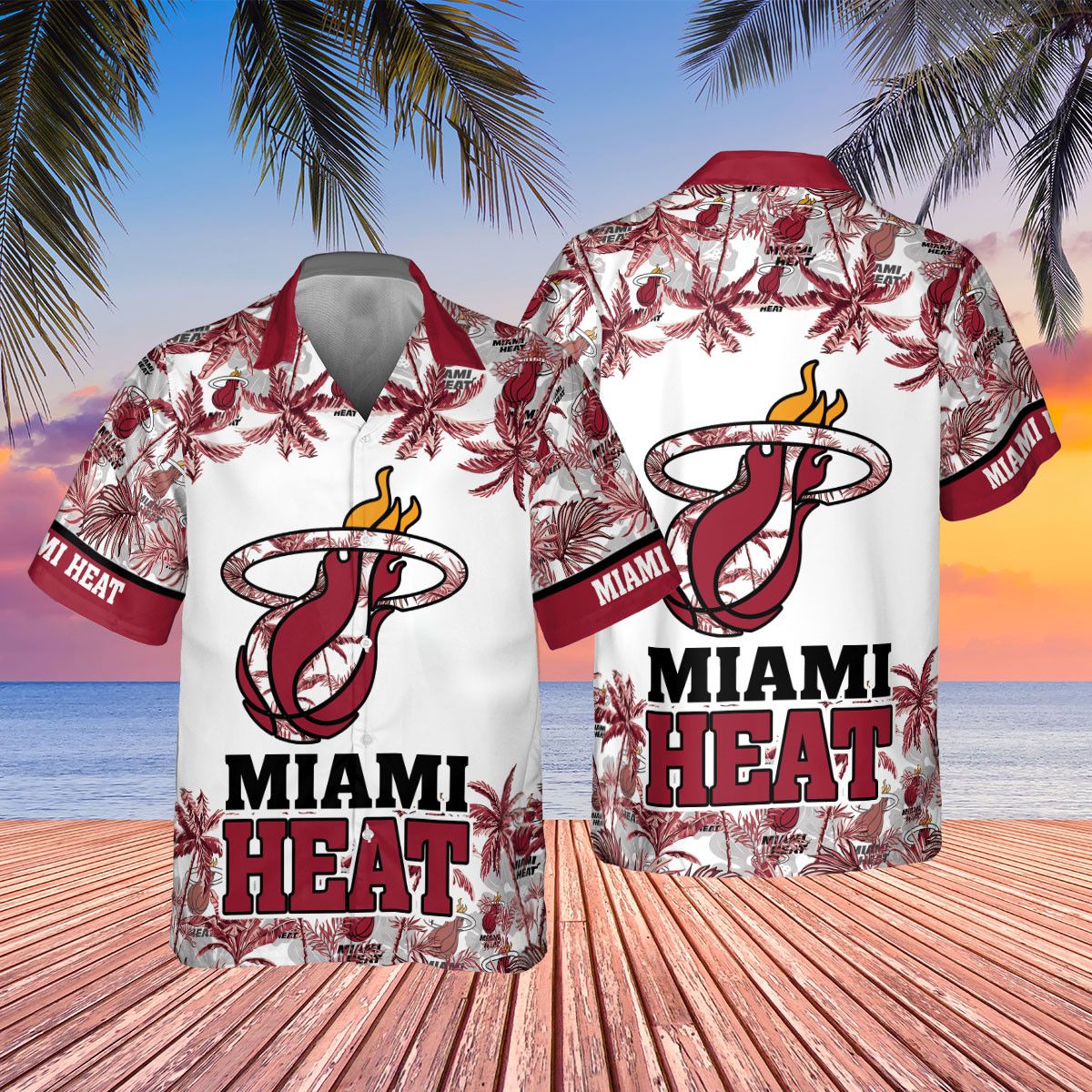 Deluxe Hawaiian Shirt Featuring Miami Heat Beach Sunset