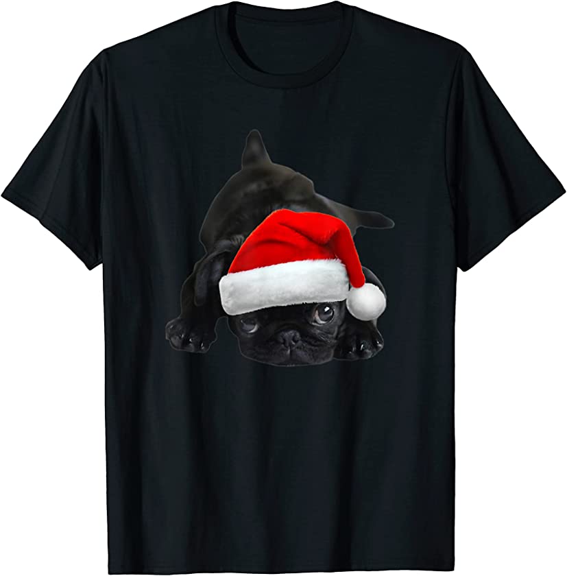 Cute Pug Shirt Dog Santa Hat Christmas Dog Lover Pug Puppy T-Shirt