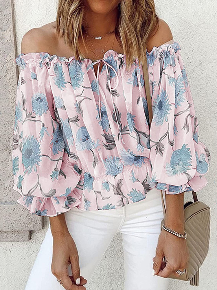 Summer Elegant Floral Print Loose Chiffon Top Women’s 2022 Fashion Sexy Slash Neck Lace-up Off Shoulder Party Blouses Tops alx