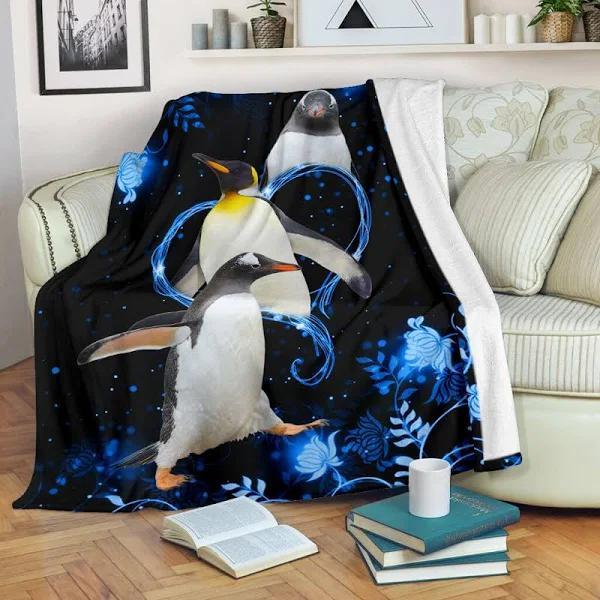 Twinkling Blue Heart Penguin Fleece Blanket – Quilt Blanket