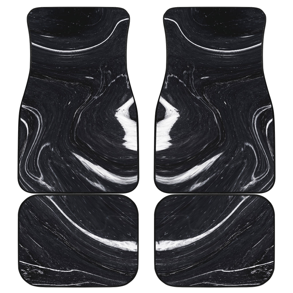 Black White Liquid Marble Print Front And Back Car Floor Mats, Front Car Mat