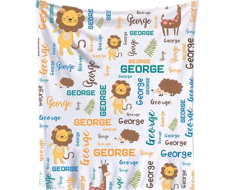 Personalized Lion Blanket Giraffe Throw Blanket Custom Name Blanket Animal Baby Name Blanket Personalized Name Blanket