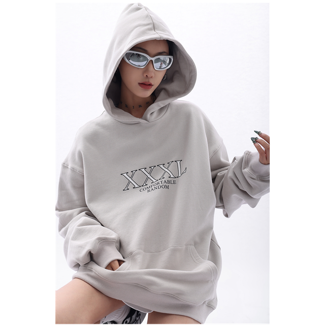 Women’s Grey Hooded Sweatshirt Letter Print Fashion Hip Hop Oversized Vintage Thicken Lazy Wind Winter New Pullover Tops alx