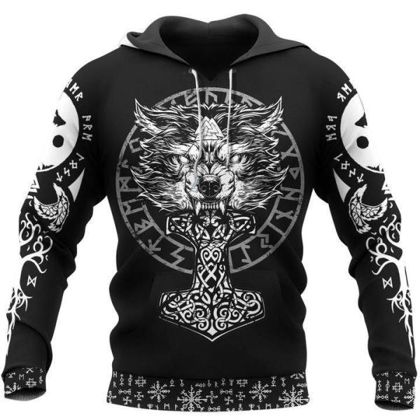 Viking Wolf And Thor Hammer Valknut Vegvisir 3D All Over Print Hoodie