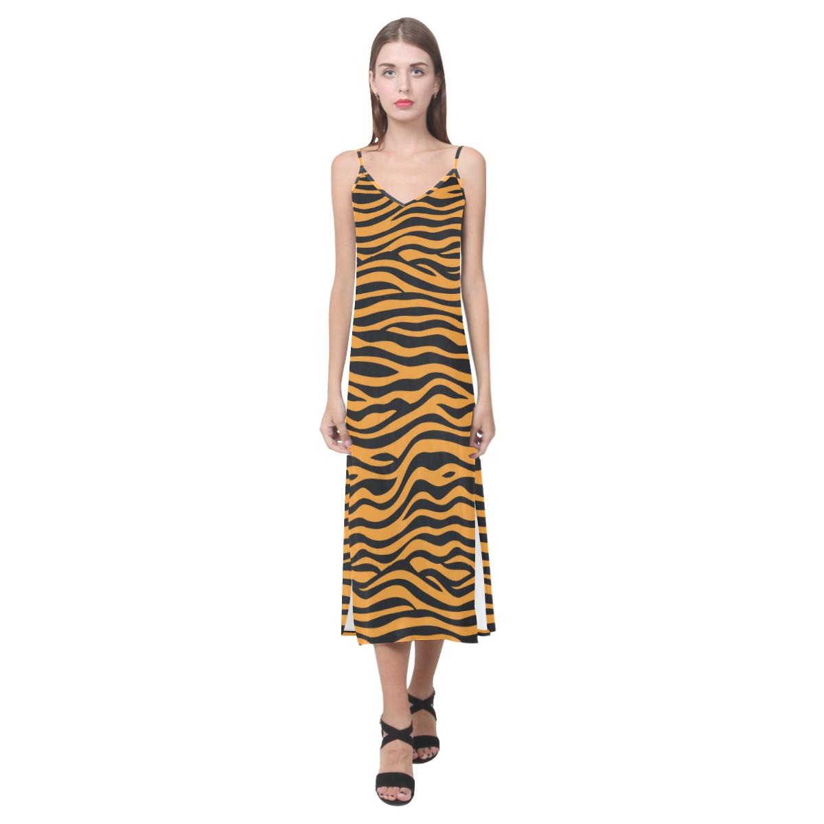 Bengal tigers skin print pattern background V-Neck Open Fork Long Dress