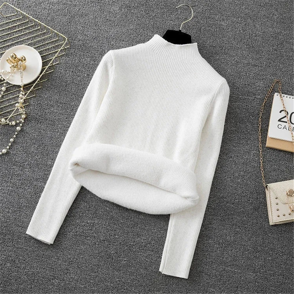 White Fleece Lining Turtleneck Sweater Women Korean Oversized 2022 Winter Warm Add Velvet Knitt Top Slim Thicken Pullovers alx