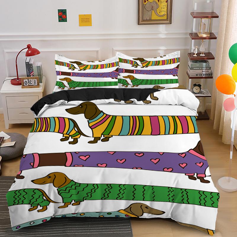 Dachshund Bedding Set Cute Puppy Duvet Cover 3D Cartoon Bed Cover Pet Dog Quilt Cover Queen King