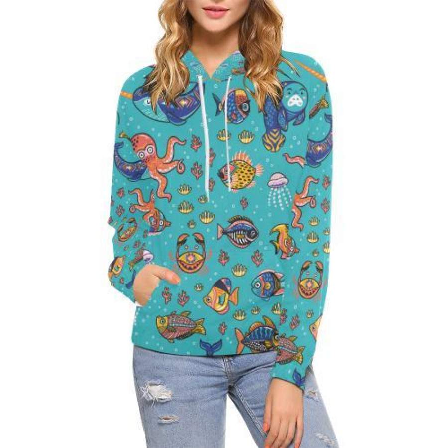 Manatee Whale Fish Octopus Pattern Print Women Pullover Hoodie